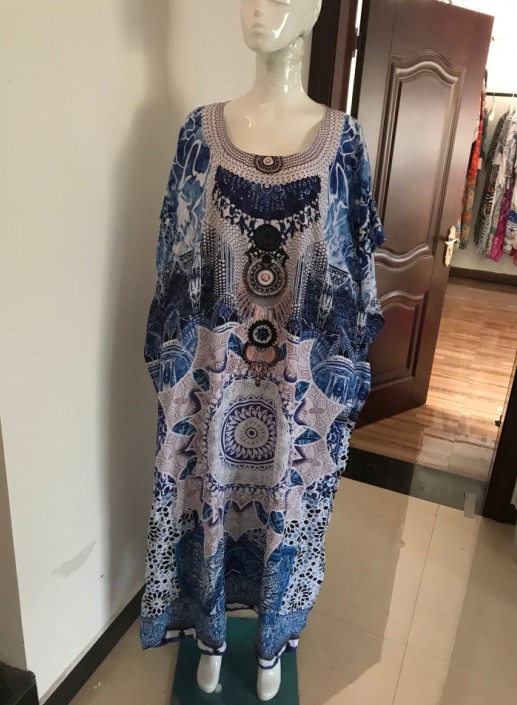 F4750 Maxi Tribal Print Scoop Neck Casual Blue Dress Cover Up